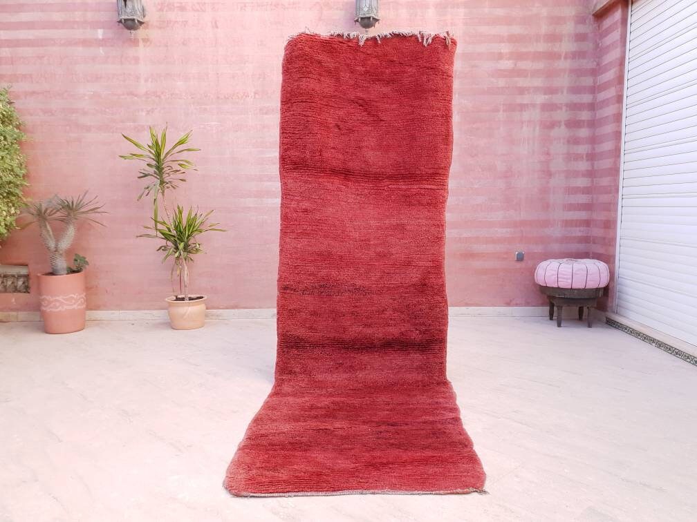 50% OFF CLOSING SALE Vintage Moroccan Rug 3.3x10 Velvet Gorgeous Boujaad red runner rug, Artistic Hallway rug, Unique red runner rug