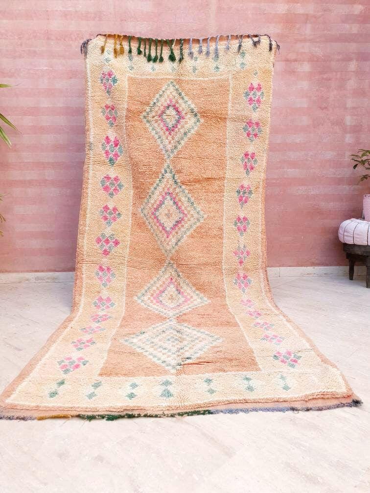 Stunning Vintage Moroccan Rug Boujaad rug 4.4x10.2 Blush Peach living room rug, large boujad rug