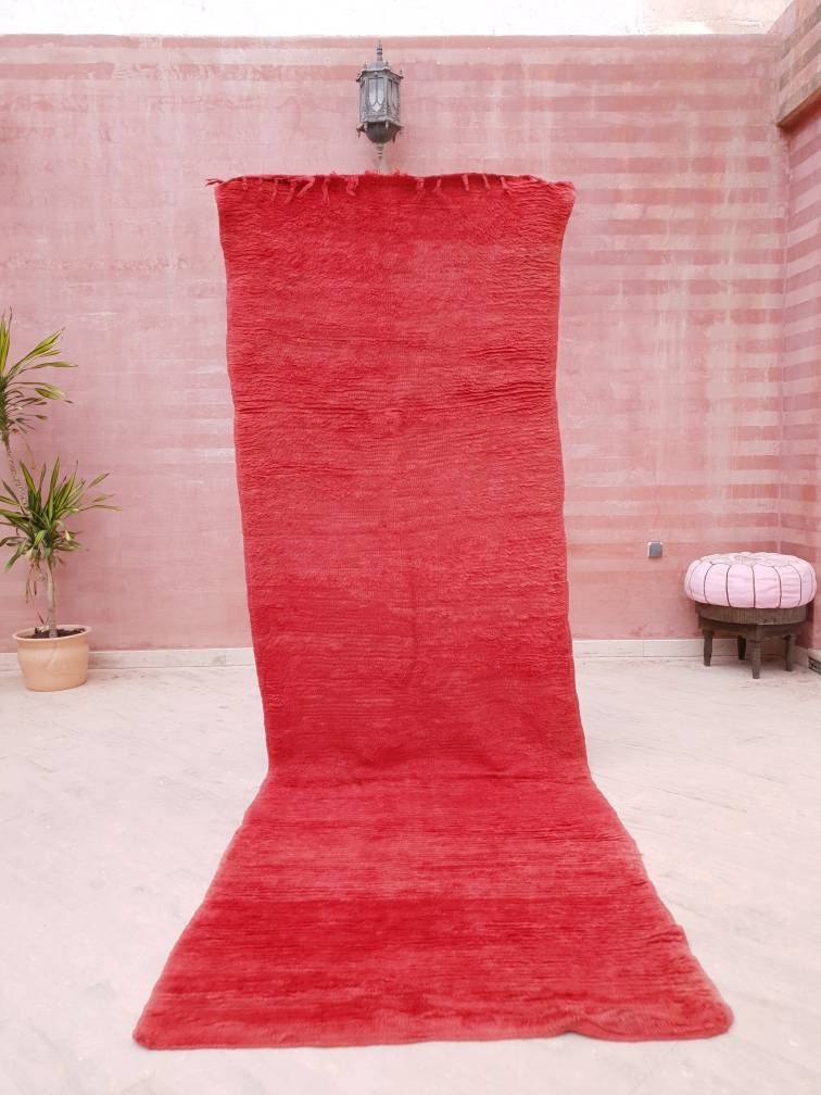 Vintage Moroccan Rug | 3.3x10.3 Gorgeous Boujaad muted red runner rug, Artistic Hallway rug, Unique red runner rug Authentic Beni mguild rug