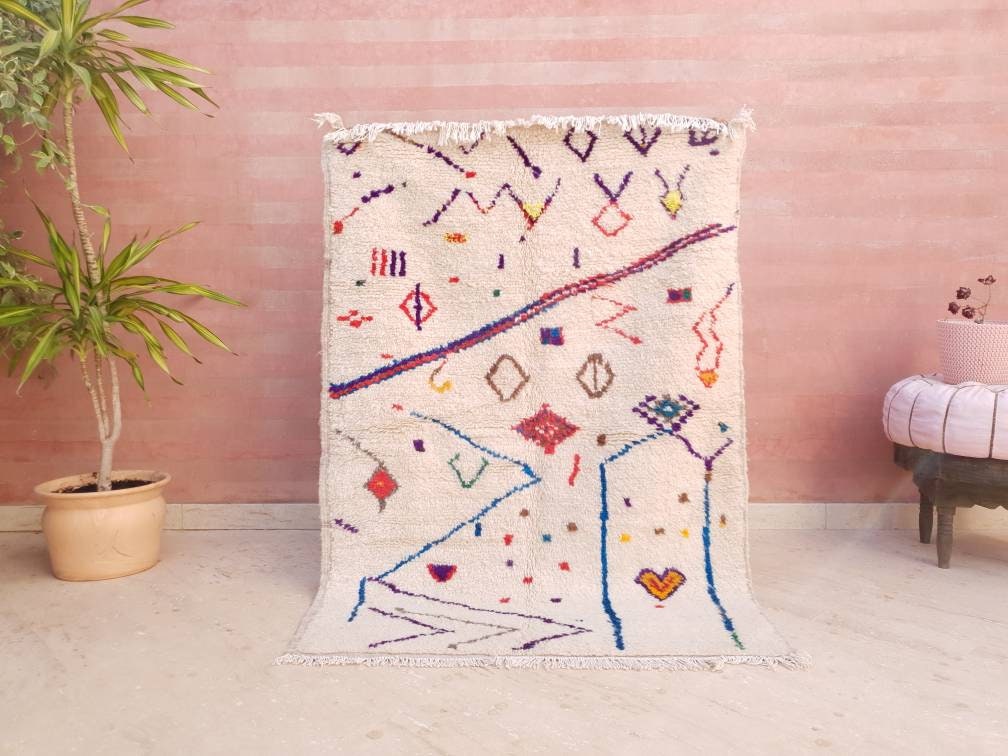 Finest Moroccan Rug 3.6x5 Soft Azilal Rug "Heart at Home" Authentic Berber carpet Nursery morrocan Rug Beni Ourain rug, living room rug