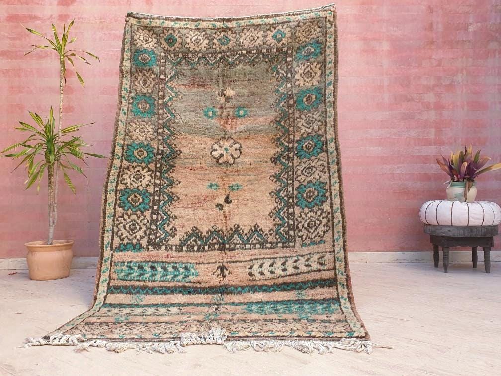 Vintage Moroccan Rug 4.5x7.6 Majestic Boujaad rug "Teal Poppies" blush Orange Geometric Rug