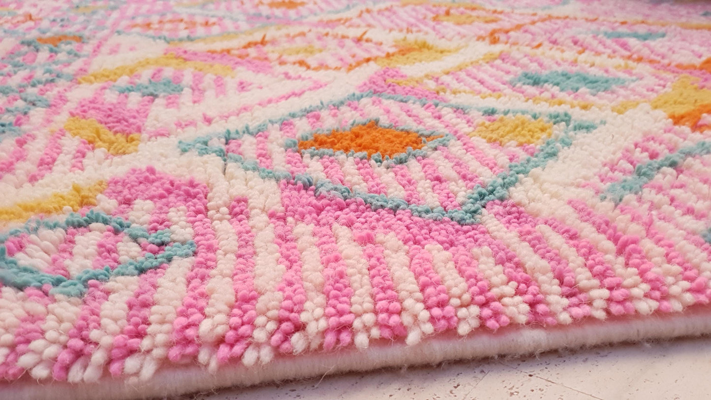 Azilal Wool Rug 4.1x5.7 ft • Custom One-of-a-Kind Moroccan Rug • Handspun Wool • Pink Turquoise Orange Diamond Design • Berber Tribal Rug