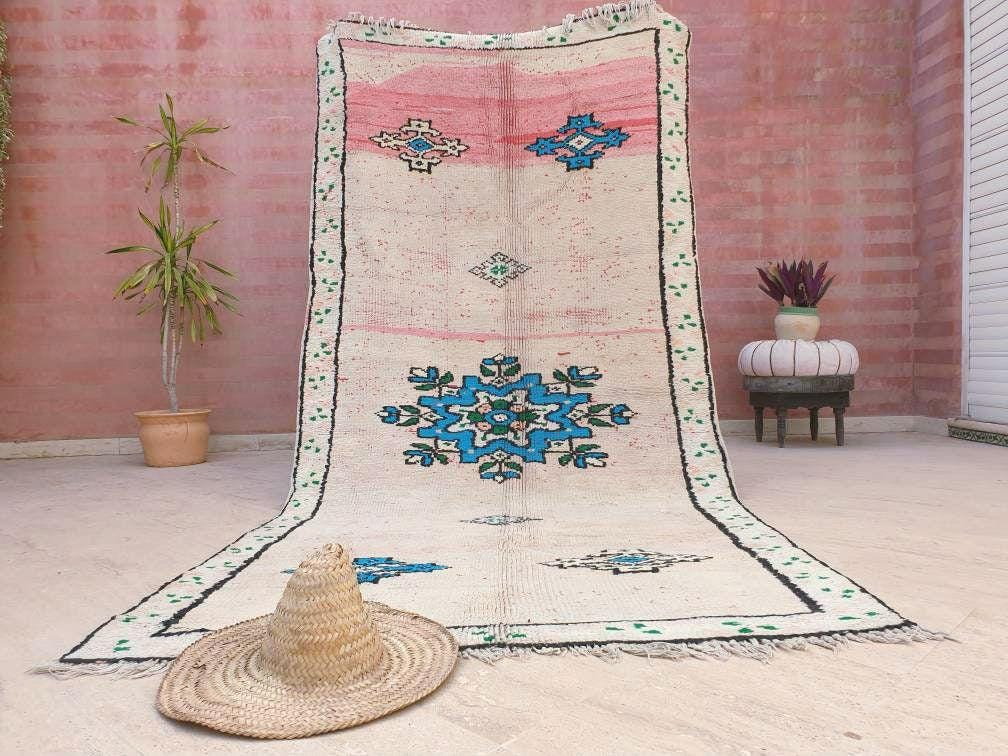Vintage Moroccan Rug 4.6x10 Stunning pink White Boujaad Rug, unique tribal morocco rug, large boujad rug