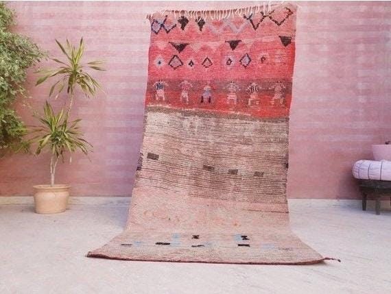 Vintage Moroccan rug 4x8.4 Unique boujaad rug "6 People" Blush pink Antique beige Boujad rug, Unique bohemian bedroom rug morocco rug
