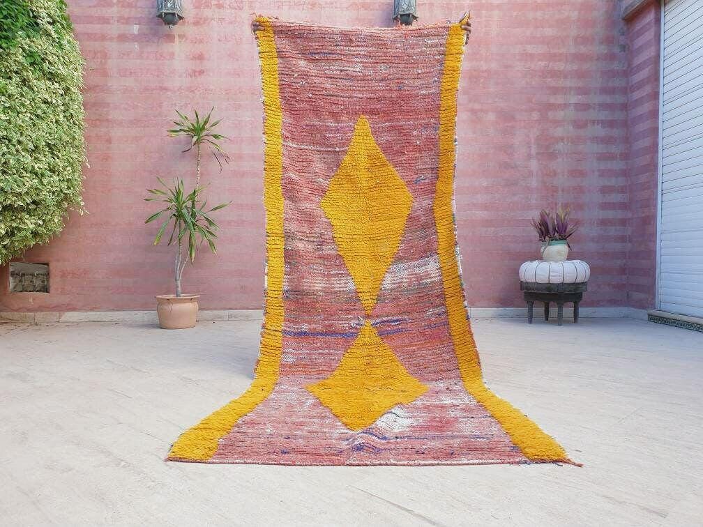 Vintage Moroccan rug 3.3x8.9 Blush Peach Yellow Boujaad rug incredible black Yellow Tribal Rug Unique boujad Rug living room rug