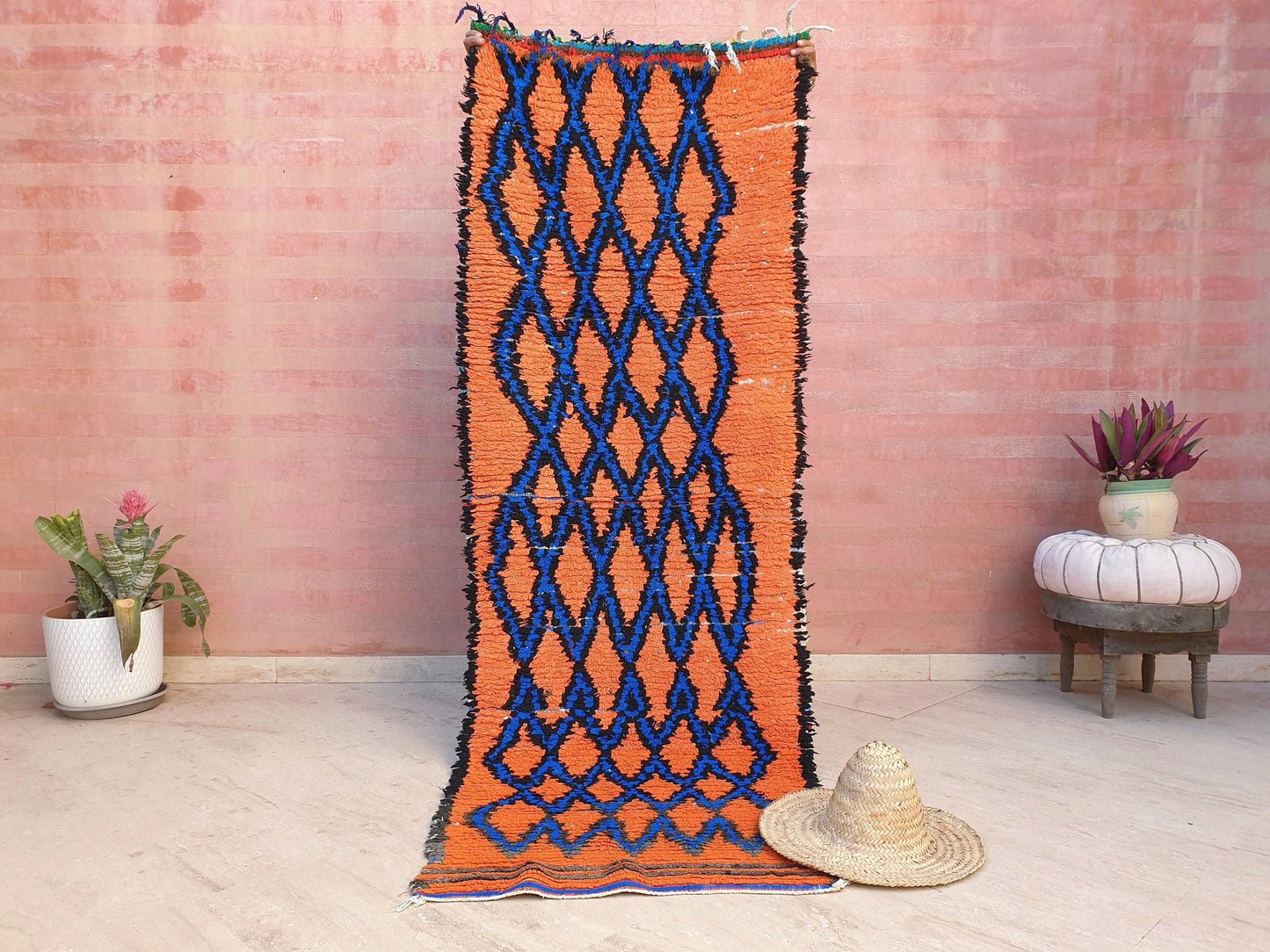 50% OFF CLOSING SALE Stunning Moroccan Runner Rug 2.8x6.5 Super Pretty Boujaad rug, Artistic Blue Papaya Orange Geometric Hallway rug