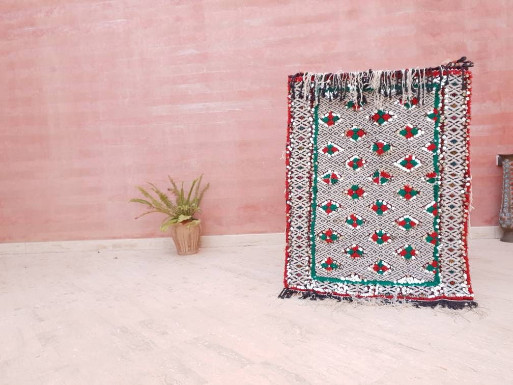 Antique Moroccan Wedding Blanket with Sequins, Berber Rug (3.6 ft x 2.5 ft)