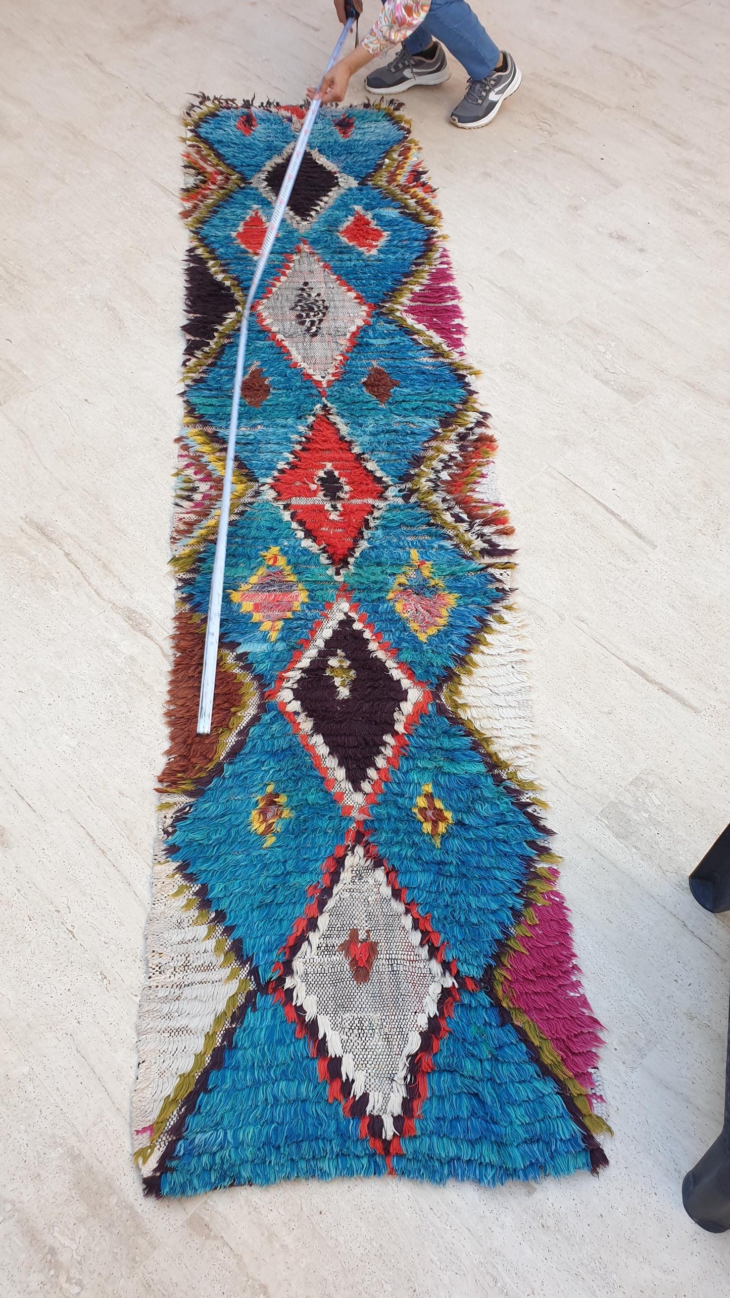 Gorgeous Moroccan vintage runner rug 2.2x9.5 teal blue rug boucherouite berber rug