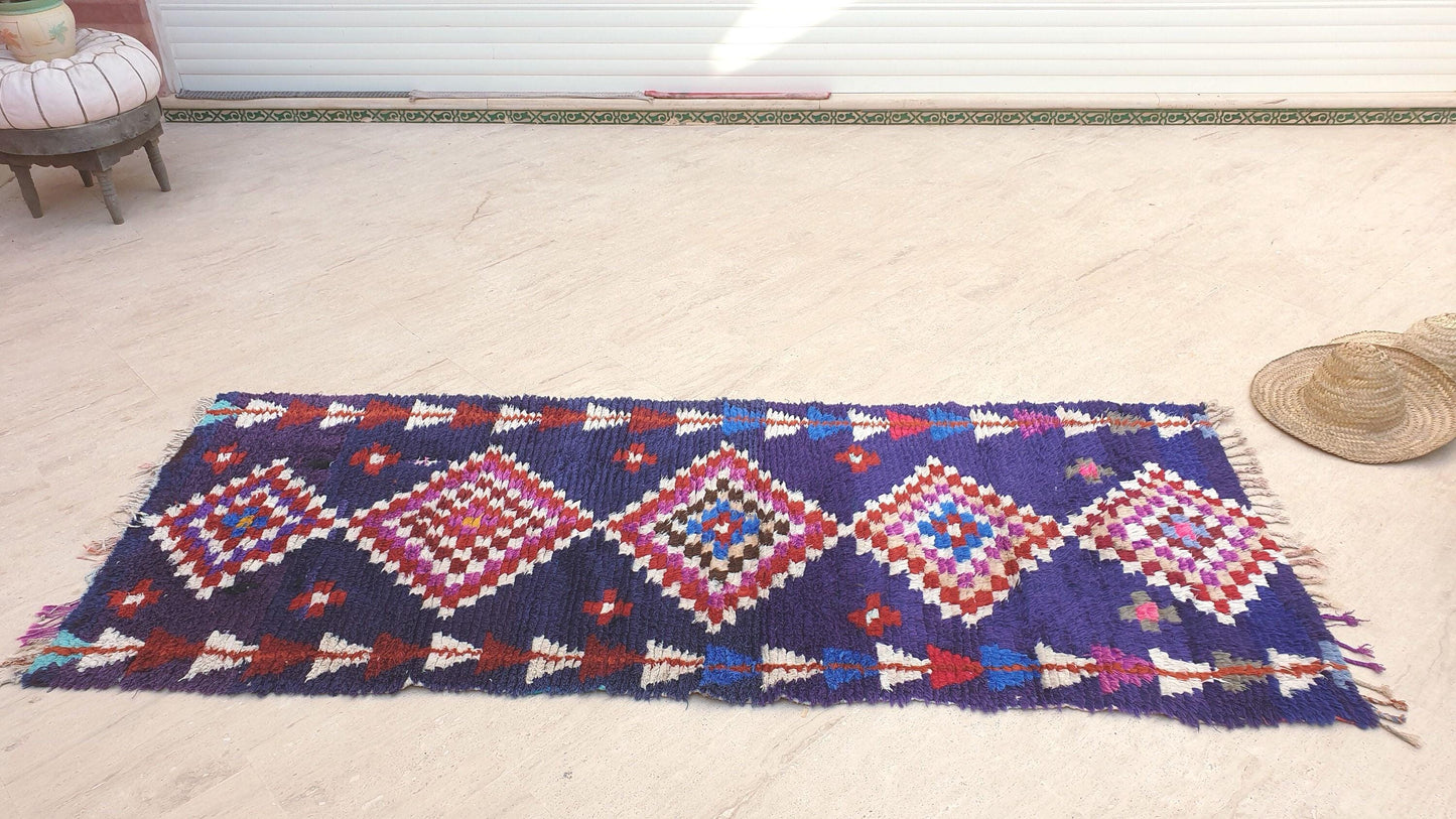 50% OFF CLOSING SALE Vintage Moroccan rug 3x7.8 Gorgeous blue purple Boucherouite Rug, hallway rug, geometric runner rug, blue boujaad rug