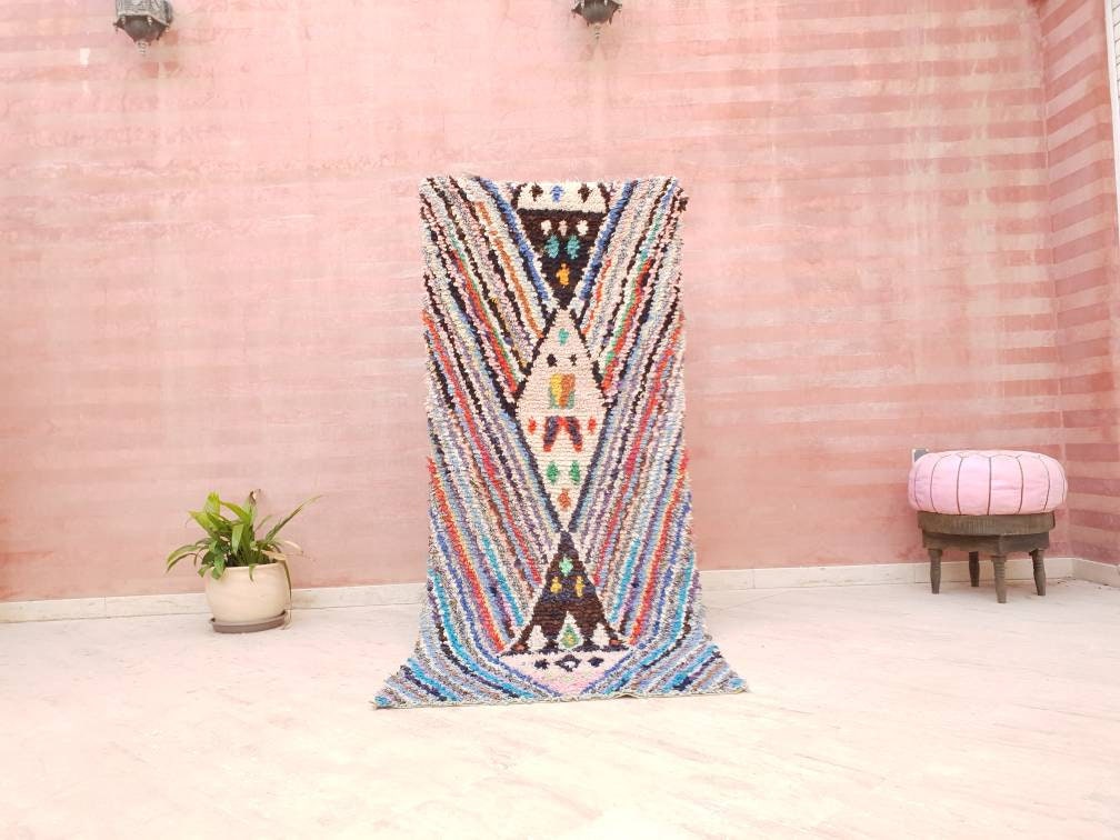 Vintage Moroccan rug, 3.1x7.5 unique boucherouite rug "Symmetric" Berber hallway rug