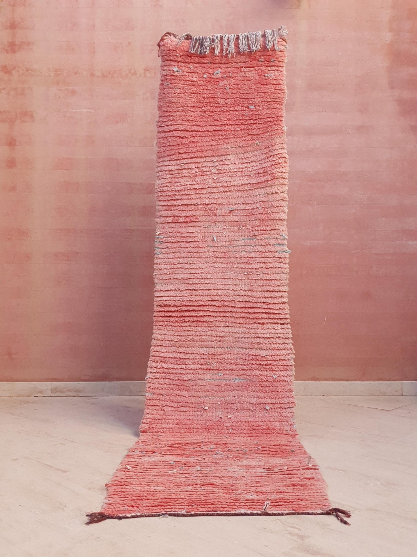 Vintage Moroccan Rug 2.2x9 Pink Boujaad Rug | Pink Panther | Hallway Rug | Vintage Bedroom Rug | peach wool Rug