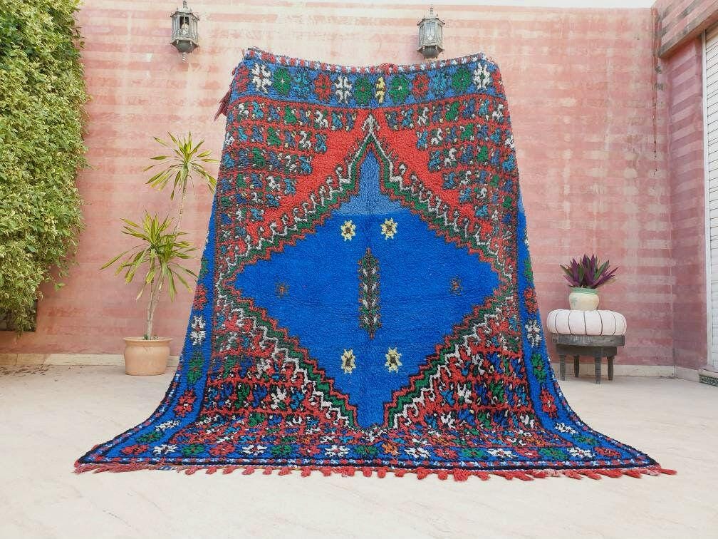 Vintage Moroccan Rug 6.3x7.8 Stunning Berber Blue Rug, Unique Rare Majorelle Bleu Boujaad Rug, Tribal living room rug