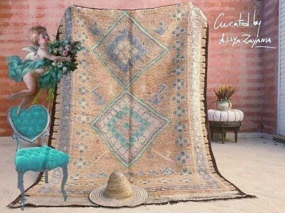 50% OFF CLOSING SALE Vintage Moroccan Rug 5.4x7 Marvelous large cream rug Latté Boujaad Teal Beige rug, pastels morocan rug, squarish carpet