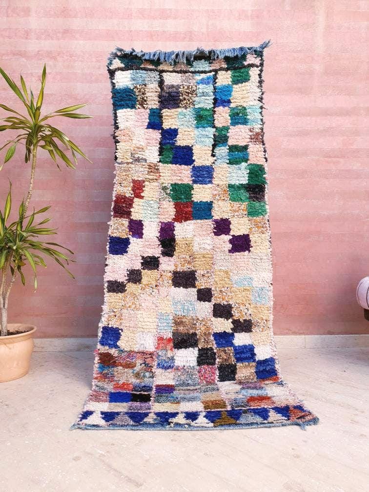 Vintage Moroccan Rug 3x7.5 Gorgeous Unique Boucherouite Rug Boujaad rug, checkered bedroom rug, living room rug