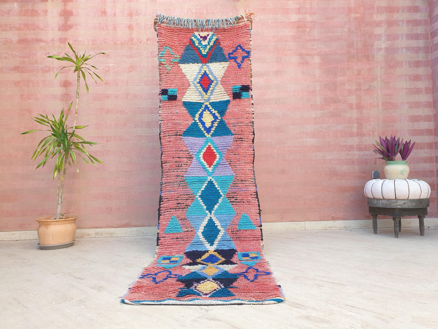Gorgeous Moroccan rug 2.5x9 "Ibiza" Blue Pink Blue Colorful Runner rug, retro style handmade hallway boujaad rug