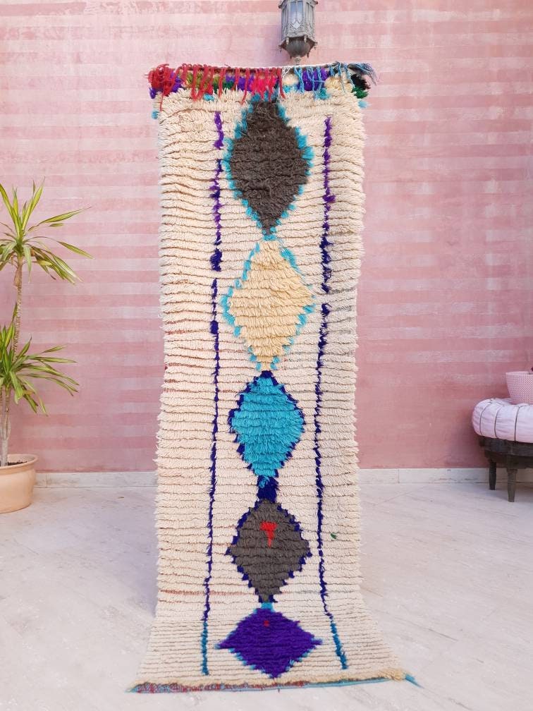 Vintage Moroccan rug 2.3x7.5 Unique Lovely hallway rug, beige runner rug, boujaad rug, boucherouite rug, morocco rug