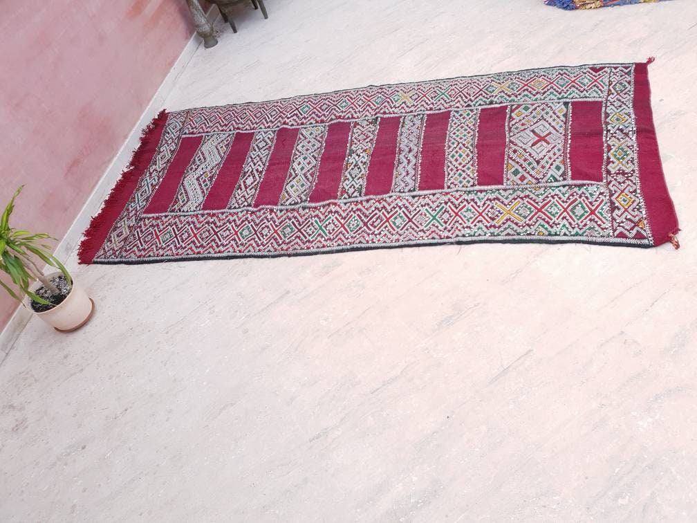 Incredible Moroccan rug | Sequined 4×10 ft Berber Rug | maroon kilim rug bedroom rug living room rug