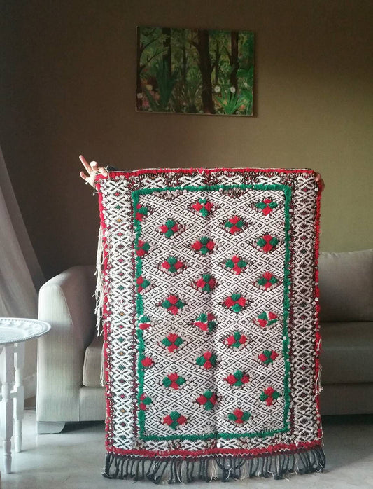 Antique Moroccan Wedding Blanket with Sequins, Berber Rug (3.6 ft x 2.5 ft)