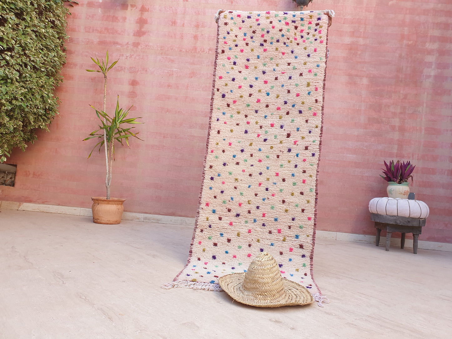 Beautiful Moroccan Runner rug 2.4x6.8 dotted wool rug,colorful dots moroccan carpet, berber tribal rug