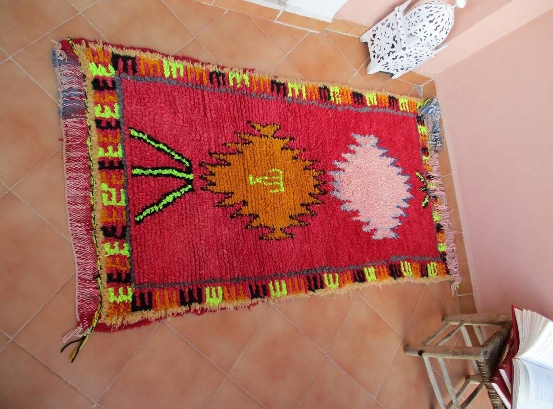 Vintage Moroccan rug, Vintage azilal rug Authentic Morrocan rug boucherouite rug bedroom rug living room rug, accent rug red runner rug
