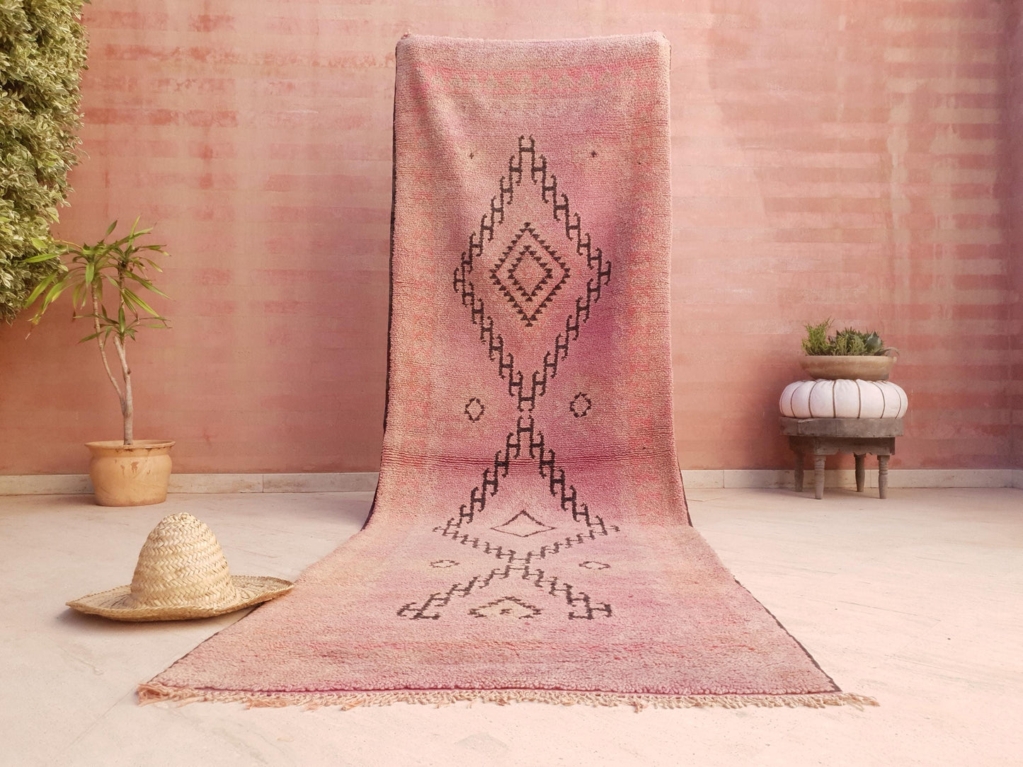 Vintage Moroccan Runner 3.4x10.7 ft • Blush Pink Boujaad Rug with Diamond Symbols • One-of-a-Kind Tribal Berber rug • pastels rug