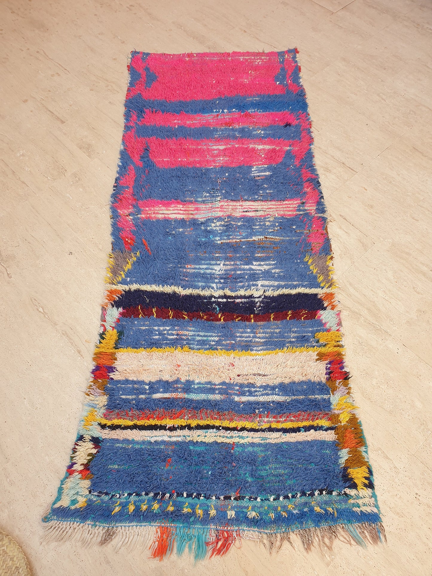 Vintage Moroccan Rug 3.2x7.8 Gorgeous Blue Pink Rug Boujaad Rug, fushia turquoise artistic Rug, boho boujaad rug