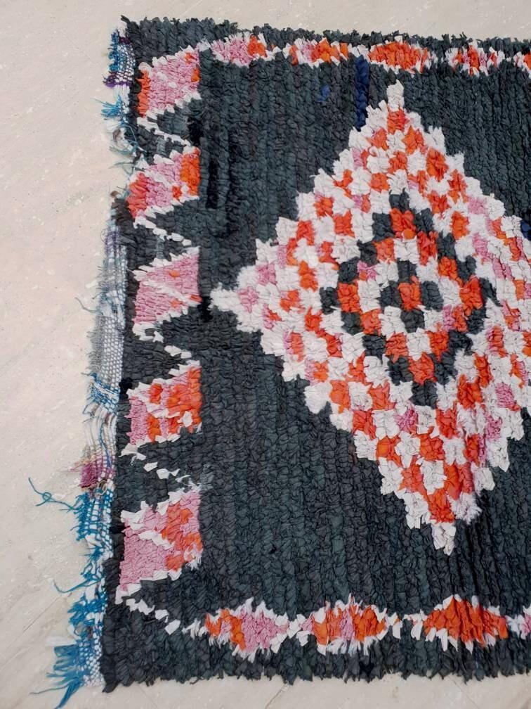 50% OFF CLOSING SALE Vintage Moroccan Rug 3.3x7.5 Boucherouite Rug, black Berber runner rug, abstract hallway  rug, Geometric kitchen rug