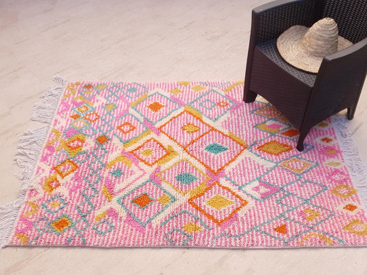 Azilal Wool Rug 4.1x5.7 ft • Custom One-of-a-Kind Moroccan Rug • Handspun Wool • Pink Turquoise Orange Diamond Design • Berber Tribal Rug