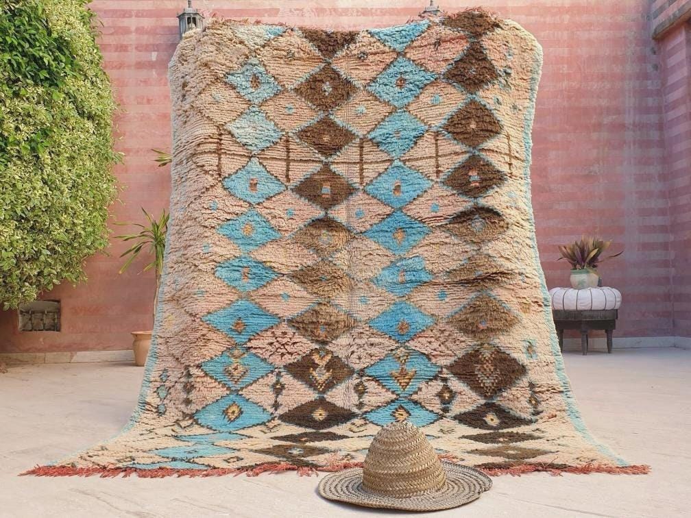 50% OFF CLOSING SALE Vintage Moroccan Rug 5.6x7.5 Stunning Blush Peach Blue Boujaad rug Geometric boujad rug, Moroccan rug | Pastels carpet