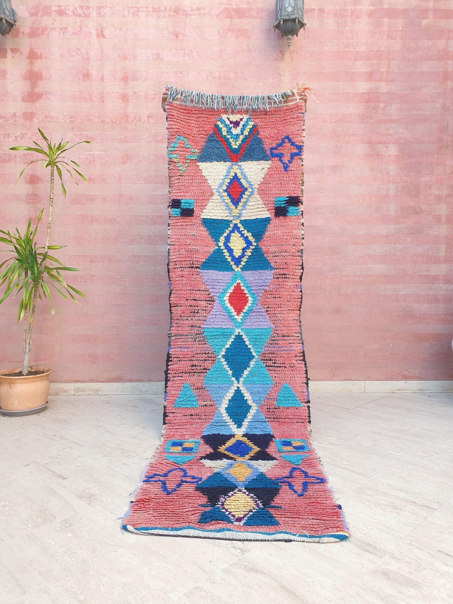 Gorgeous Moroccan rug 2.5x9 "Ibiza" Blue Pink Blue Colorful Runner rug, retro style  handmade hallway boujaad rug