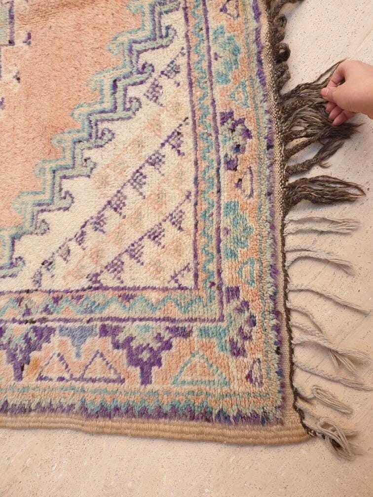 Vintage Moroccan rug 5x8.5 Precious Blush teal lavender Rug, Peach boujaad rug, Unique Taznakht rug