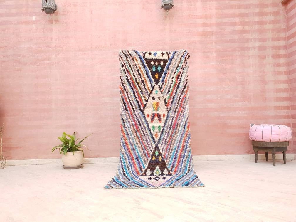 Vintage Moroccan rug, 3.1x7.5 unique  boucherouite rug  "Symmetric"  Berber hallway rug