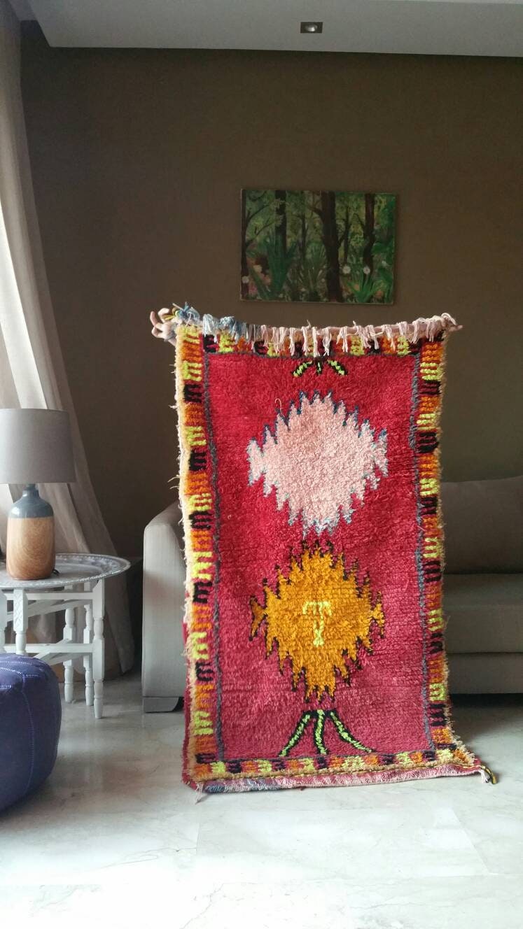 Vintage Moroccan rug, Vintage azilal rug Authentic Morrocan rug boucherouite rug bedroom rug living room rug, accent rug red runner rug