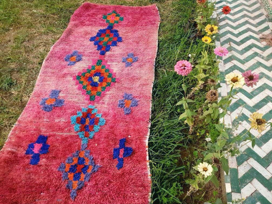Vintage Moroccan rug 3.5x8.5 | incredible blush Boujaad rug | |  morrocan Boujad rug | antique area rug | Entry hallway rug