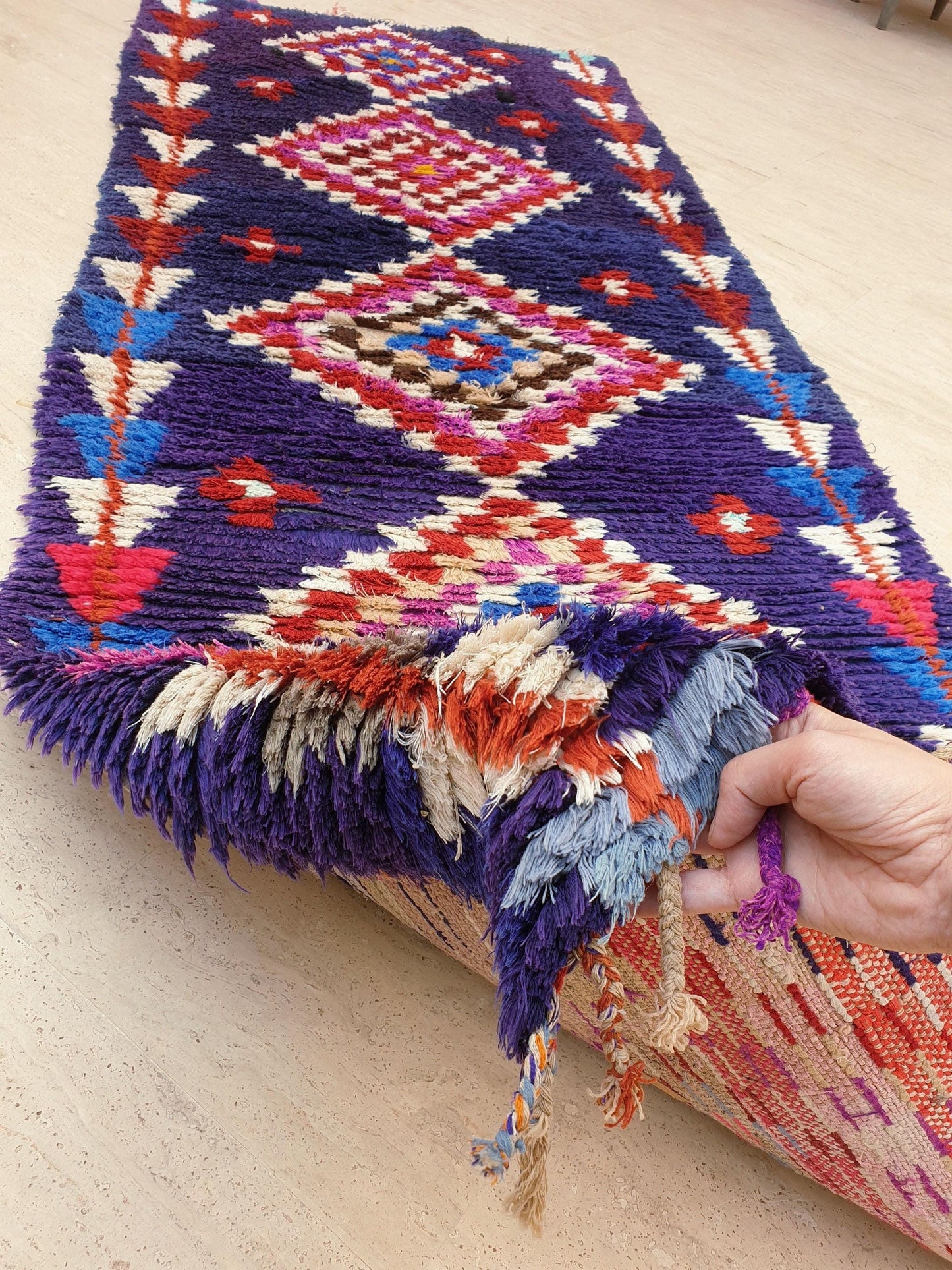 50% OFF CLOSING SALE Vintage Moroccan rug 3x7.8 Gorgeous blue purple Boucherouite Rug, hallway rug, geometric runner rug, blue boujaad rug