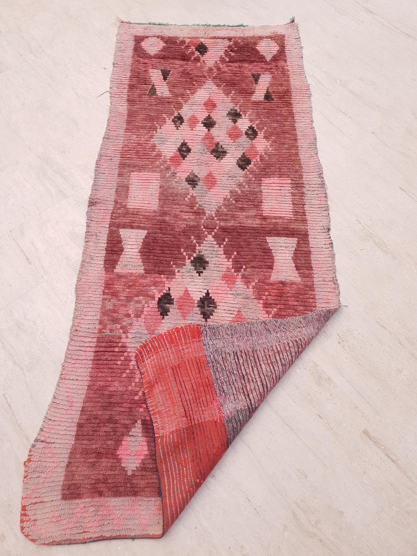 Vintage Moroccan Rug 3.5x8.5 Gorgeous Boujaad Blush Pink Brown rug, Beige Cream Hallway rug, Unique runner rug Authentic Berber Boujad rug