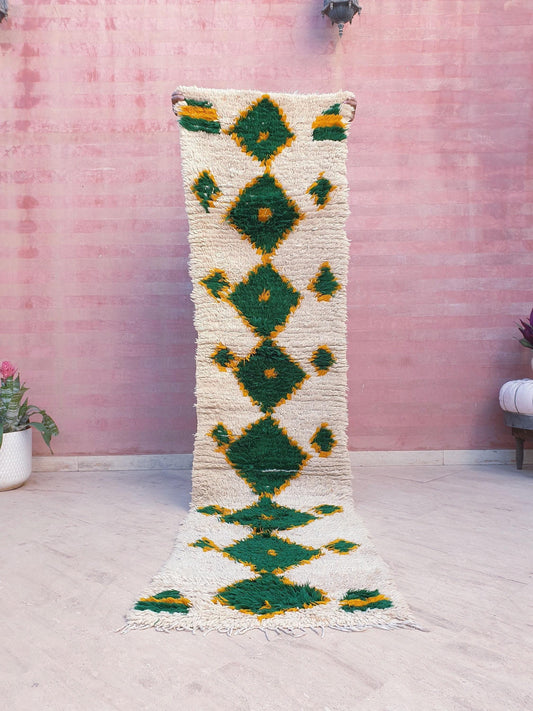 50% OFF CLOSING SALE Vintage Moroccan Rug 2.4x9.6 gorgeous tribal runner rug, Green Yellowish Orange Wool Rug, Unique handmade rug