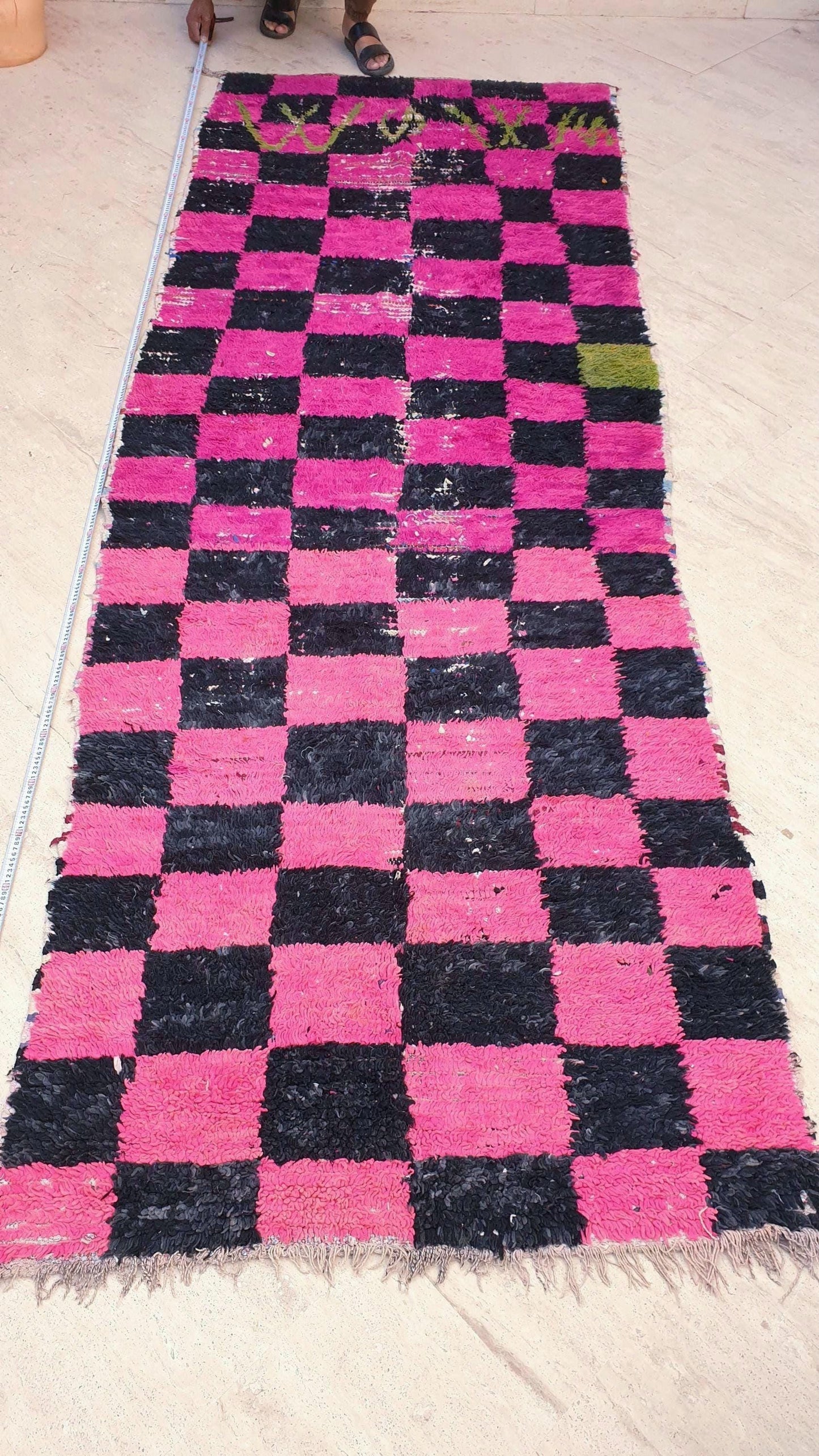 Gorgeous hot pink checkered runner rug 4x11.2 unique wide boucherouite hallway rug, wool rag Berber rug, pink green boujaad rug