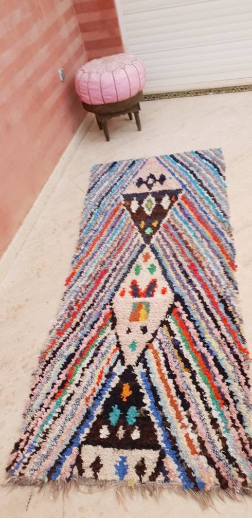 Vintage Moroccan rug, 3.1x7.5 unique  boucherouite rug  "Symmetric"  Berber hallway rug
