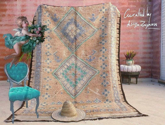 50% OFF CLOSING SALE Vintage Moroccan Rug 5.4x7 Marvelous large cream rug Latté Boujaad Teal Beige rug, pastels morocan rug, squarish carpet
