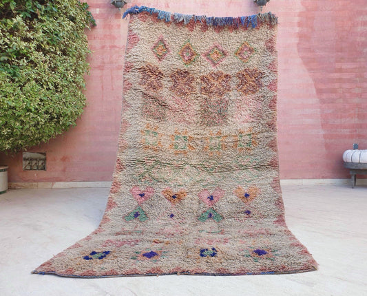 Vintage Moroccan Boujaad Rug • 4.5x8.8 ft • Blush Beige & Soft Pink Berber Carpet • Handmade Wool Rug • Bohemian Beni-Inspired Decor