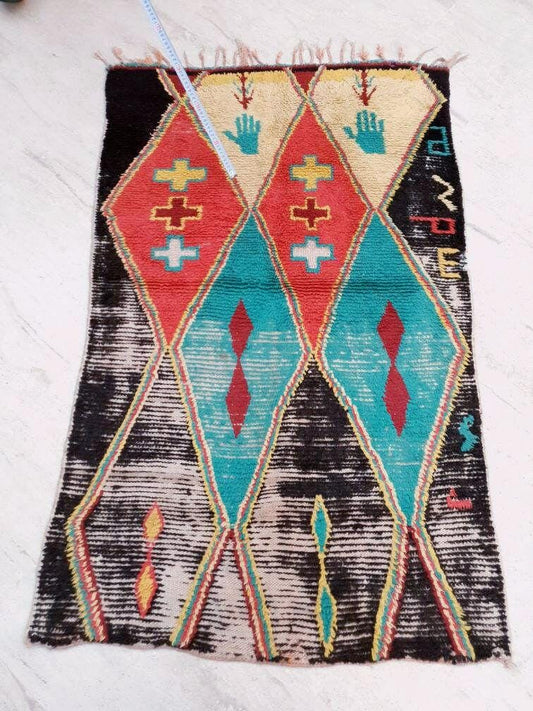 Vintage Moroccan Rug Stunning boujad Rug 3.3x5.4 Antique Boujaad Rug, Antique Berber Boucherouite Rug  Vintage Accent Rug, Entry way Rug