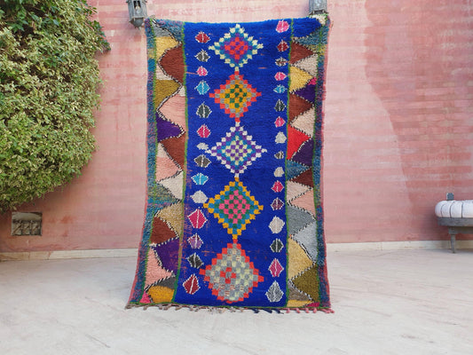 Vintage Moroccan Boujaad Rug • 3.5x5.7 ft • Bold Blue & Multicolor Berber Art • Small Bohemian Wool Rug • Handmade Colorful Statement Piece