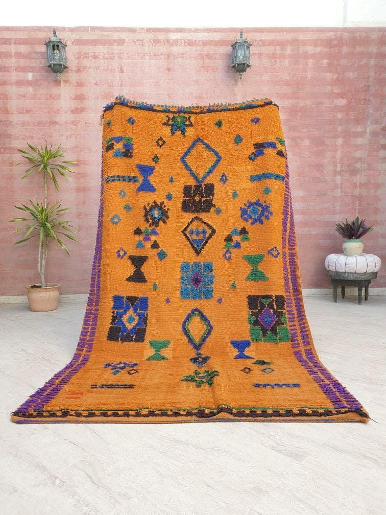 50% OFF CLOSING SALE Stunning Moroccan Rug 5.1x8.1 Super Pretty Vintage Boujaad rug, Unique boujad rug, Blue Papaya Orange Berber carpet