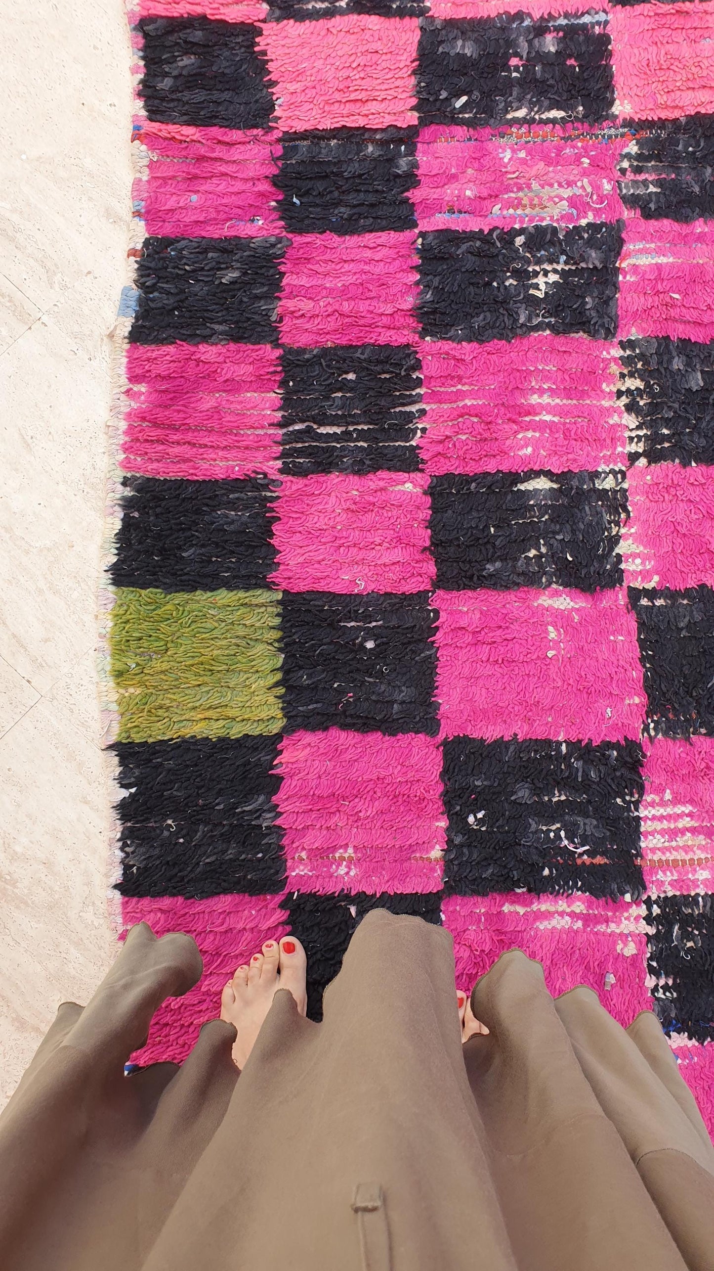 Gorgeous hot pink checkered runner rug 4x11.2 unique wide boucherouite hallway rug, wool rag Berber rug, pink green boujaad rug