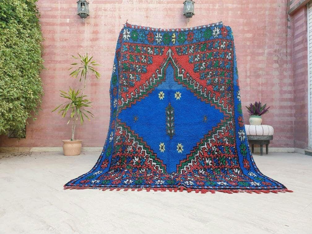 Vintage Moroccan Rug 6.3x7.8 Stunning Berber Blue Rug, Unique Rare Majorelle Bleu Boujaad Rug, Tribal living room rug