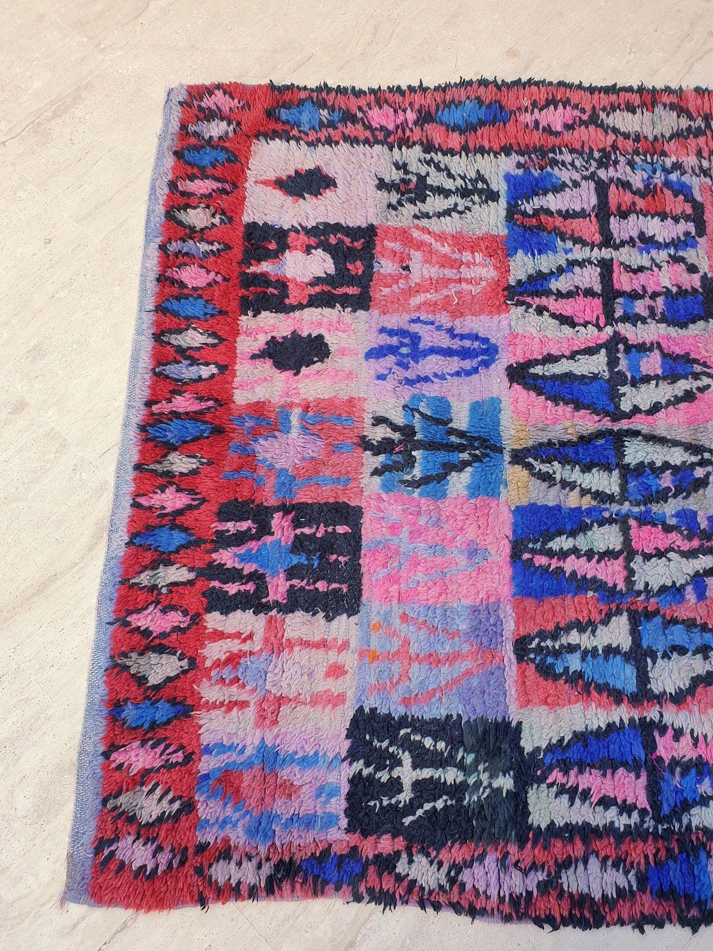 Vintage Moroccan Boujaad Rug • 4.9x9.2 ft • Red, Blue, and Lavender Tribal Wool Carpet • Bold Bohemian Berber Statement Piece