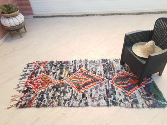 Vintage Moroccan Rug 3.2x7 gray colorful accent  rug beni ourain rug, grey boujaad rug marble bedroom rug living room rug boucherouite rug