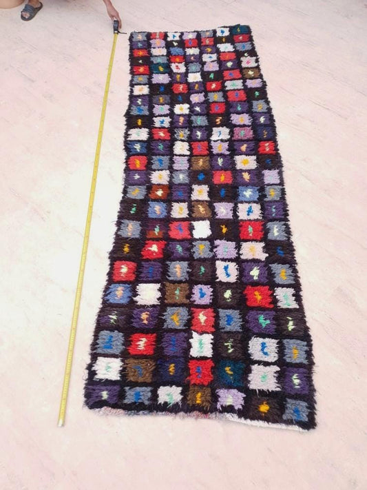 Vintage Moroccan Rug 3x9.2 Colorful Boucherouite Runner Rug, Super Pretty berber rug, artistic vintage rug, Happy Rug, Black hallway rug