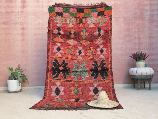 Vintage Moroccan rug 4.3x8.1  Colorful Boujaad rug, red orange brown  boujad rug beni mguild rug beni ourain rug